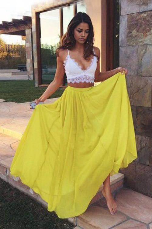 Wholesa Two Piece Sweetheart Yellow Chiffon Lace formal dresses Prom Dresses Evening Dresses