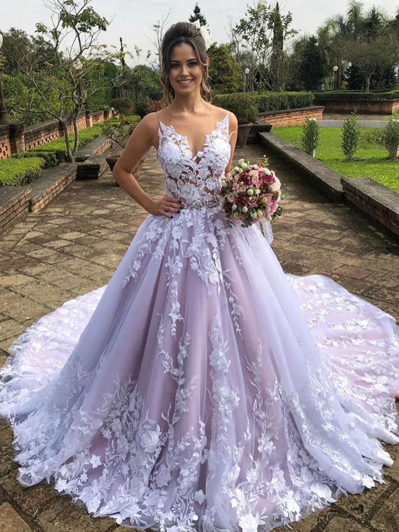 Wholesa A Line Sleeveless V-Neck Lace Wedding Dresses