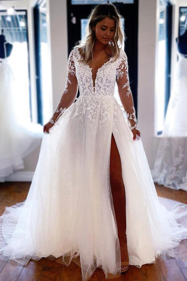 Wholesa A Line V Neck Elegant Lace Long Sleeves Wedding Dresses