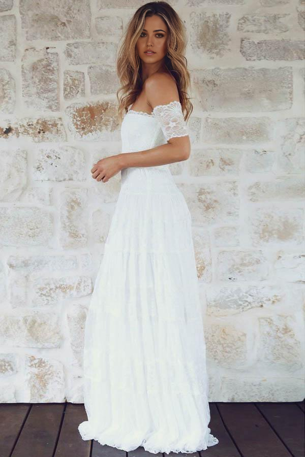 Wholesa Boho A-Line Off-the-Shoulder Short Sleeves Lace Wedding Dress