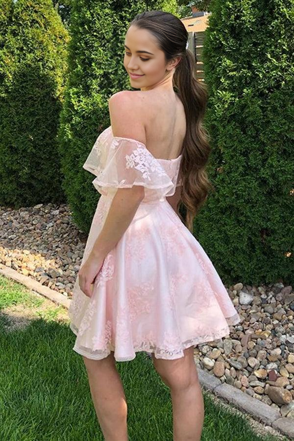 Wholesa A-line Off the Shoulder Short Pink Lace Prom Dresses Homecoming Dresses
