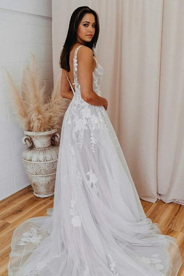Wholesa A-line V Neck Tulle Lace Appliques Romantic Bridal Gown Wedding Dress