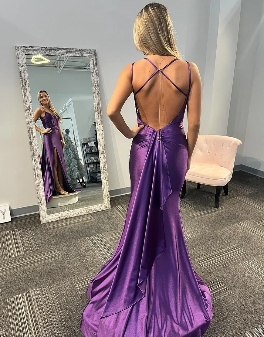 Wholesa Mermaid Double Spaghetti Straps Corset Satin Purple Long formal dresses evening gown Prom Dress with Slit