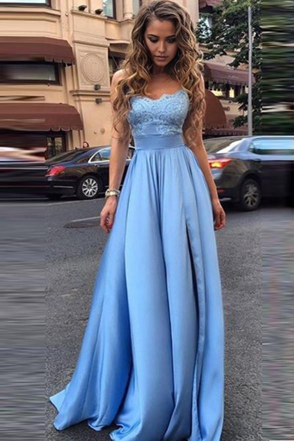 Wholesa A-line Simple Strapless Lace Sweetheart Long Prom Dresses