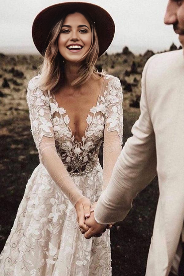 Wholesa A-line V Neckline Long Sleeves Lace Bridal Gowns Wedding Dresses