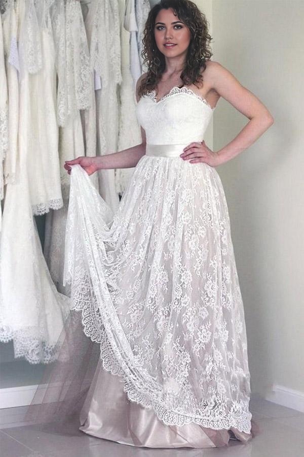 Wholesa A-line Sweetheart Sleeveless Long White Wedding Dress with Lace