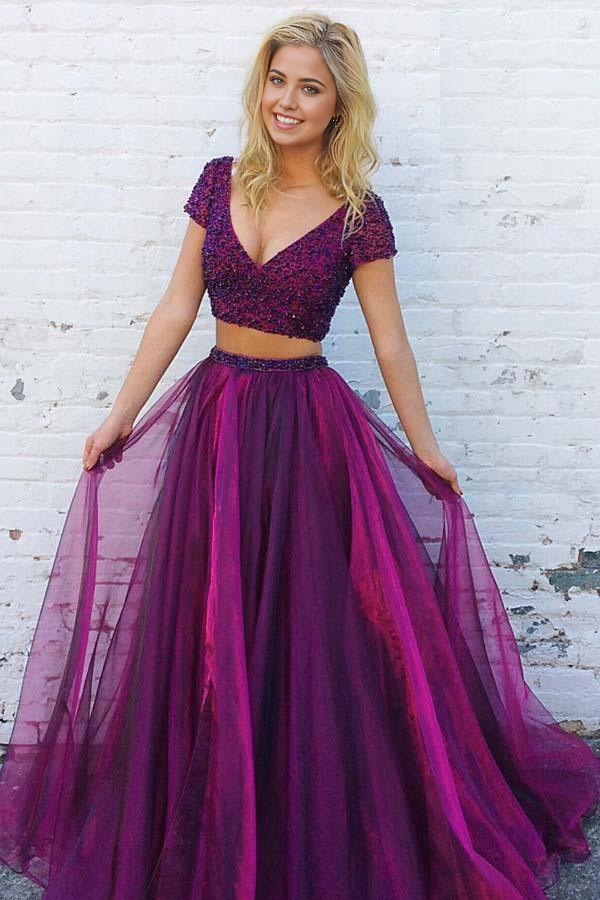 Wholesa Two Piece V-Neck Short Sleeves Purple Tulle Prom Dress with Beading