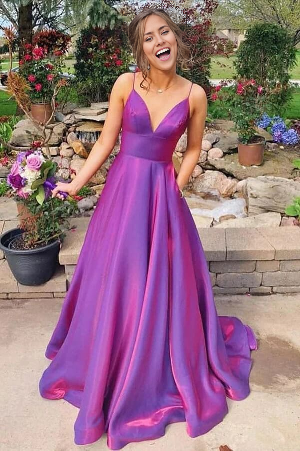 Wholesa A-line Spaghetti Straps Satin Prom Dresses With Pockets