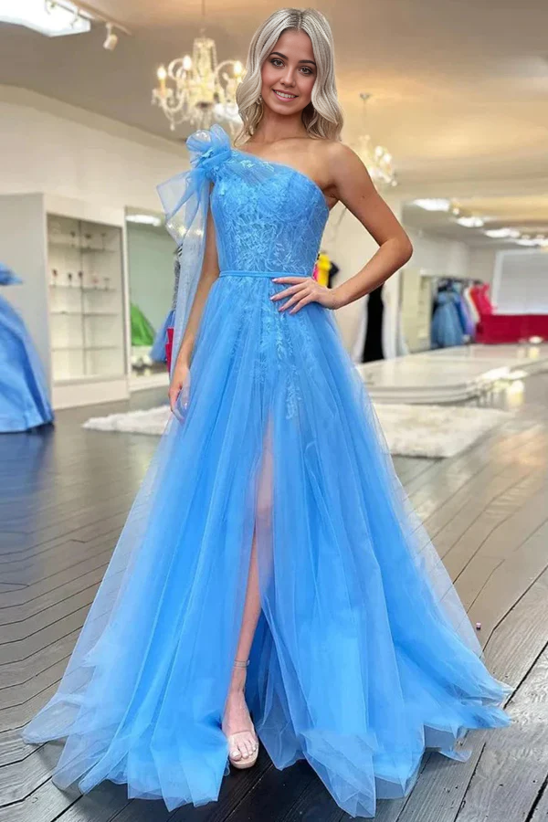 Wholesa A-line One Shoulder Lace Long Prom Dresses with Slit