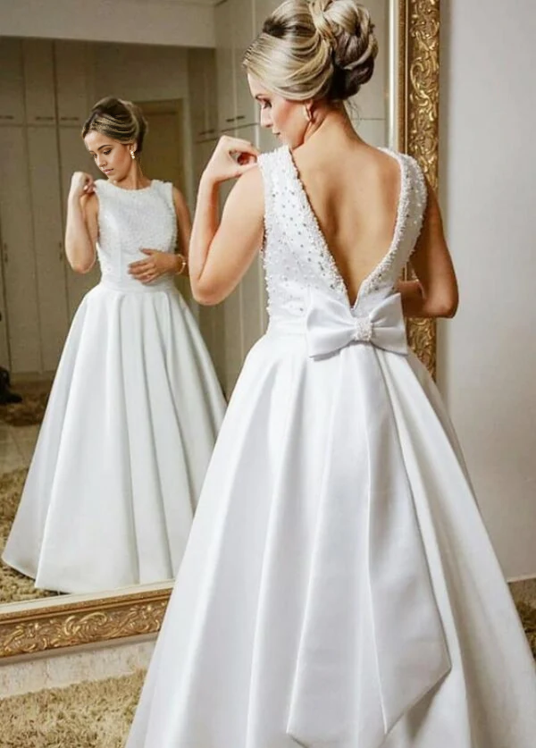 Wholesa A-line Sleeveless Beaded Satin Backless Bride Dresses Wedding Dresses Bow Ribbon Sash