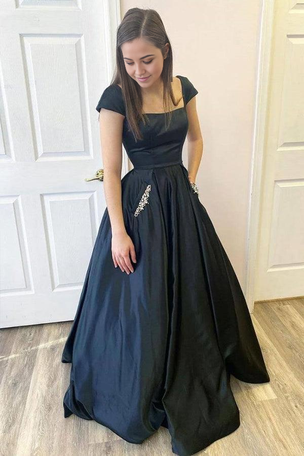 Wholesa A Line Satin Open Black Cap Sleeves Long Prom Dresses