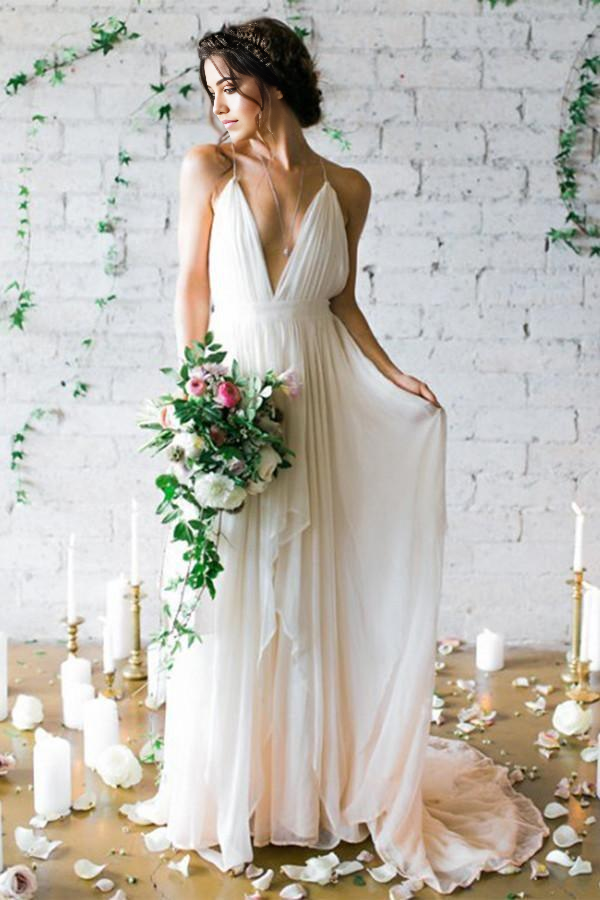 Wholesa A-line Simple Deep V-neck Sweep Train Ivory Wedding Dresses With Straps