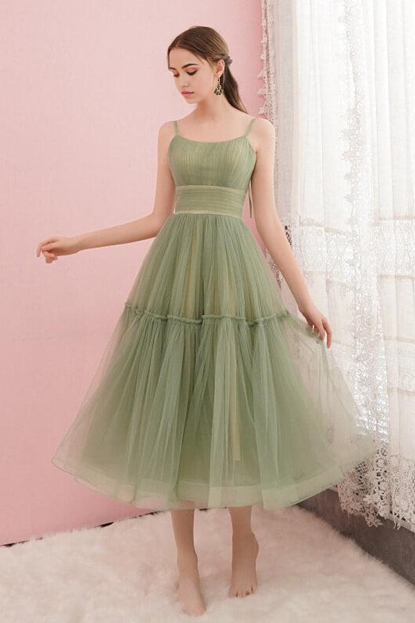 Wholesa Simple Tulle Round Neck Sage Green Homecoming Graduation Dresses