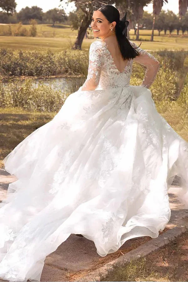 Wholesa Bohemian A-line Long Sleeve V-Neck Ivory Lace Country Style Wedding Dress