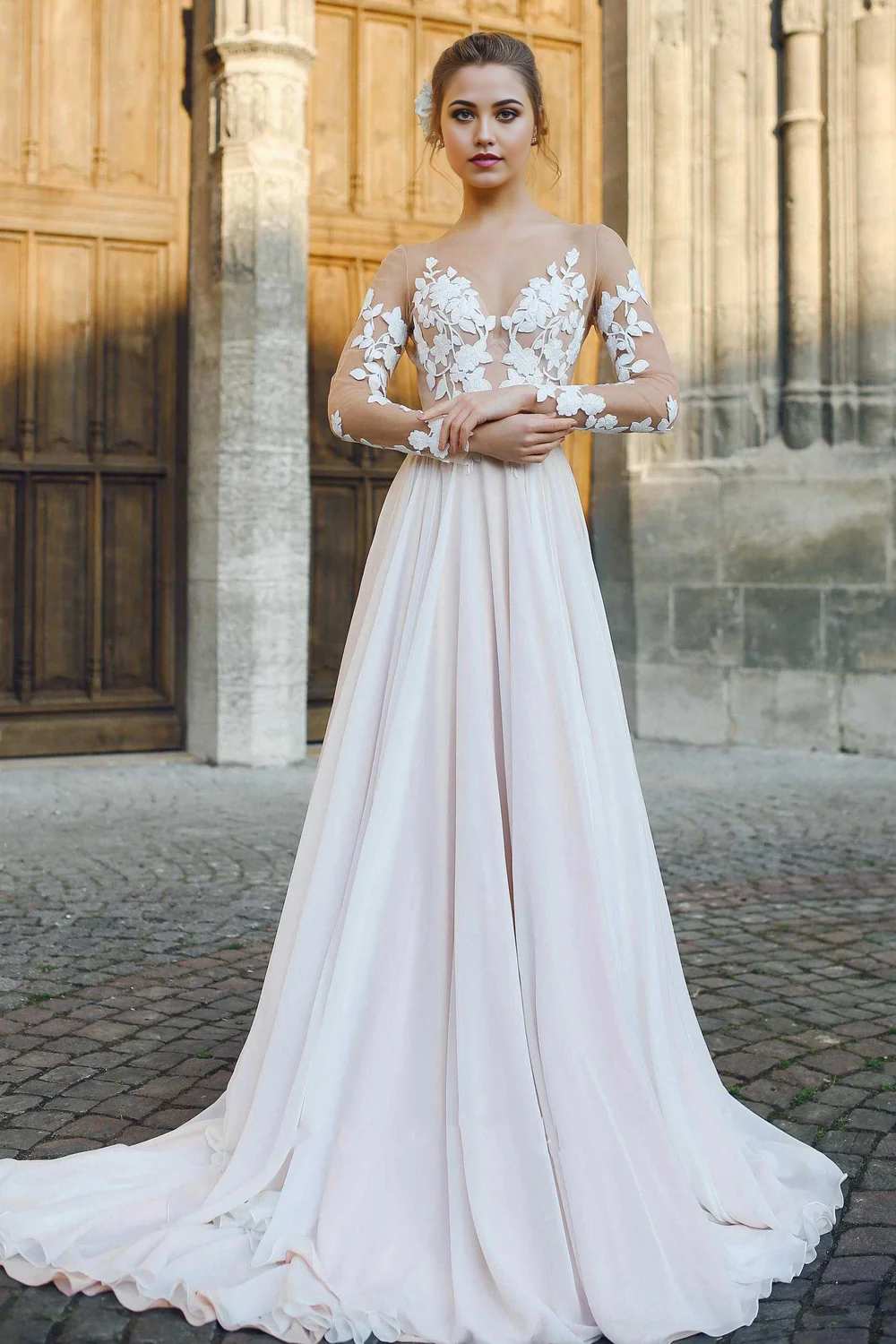 Wholesa A-Line Chiffon Appliqued Bateau Illusion Long Sleeve Wedding Dress