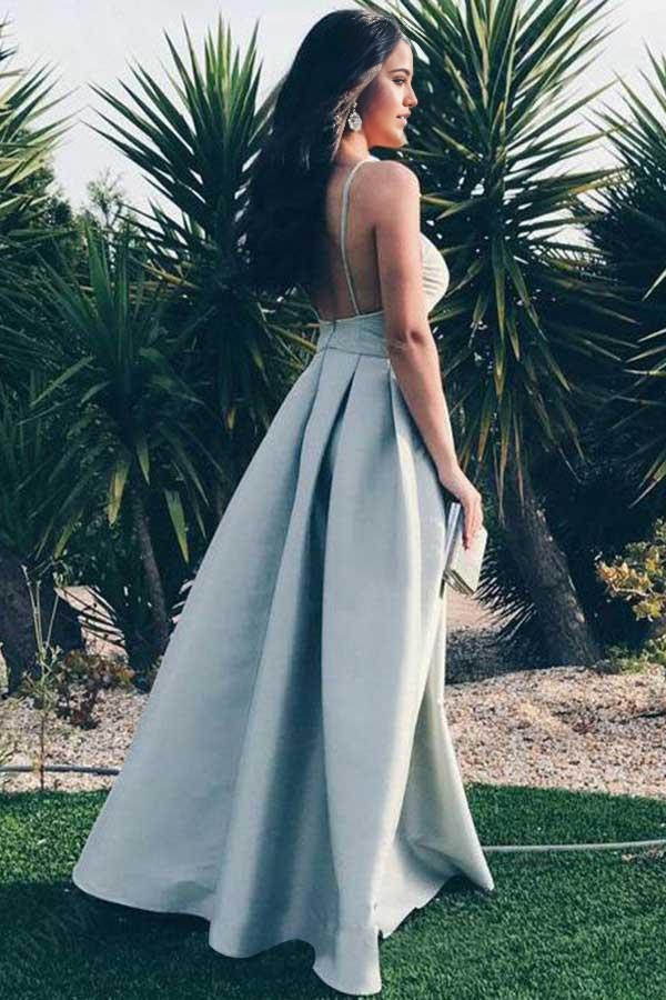 Wholesa A-Line Spaghetti Straps Floor-Length Satin Backless Grey Prom Dress