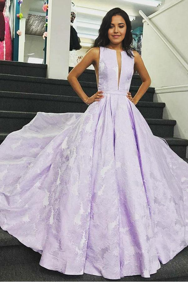 Wholesa A-Line Sleeveless Sweep Train Lilac Floral Satin Prom Dresses Formal Dress