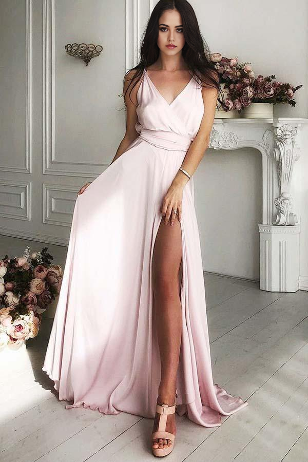 Wholesa A-Line V-Neck Sweep Train Pink Satin Prom Dress with Split