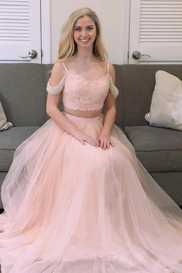 Wholesa Two Piece Princess Pink Tulle Long Prom Dress Evening Dress