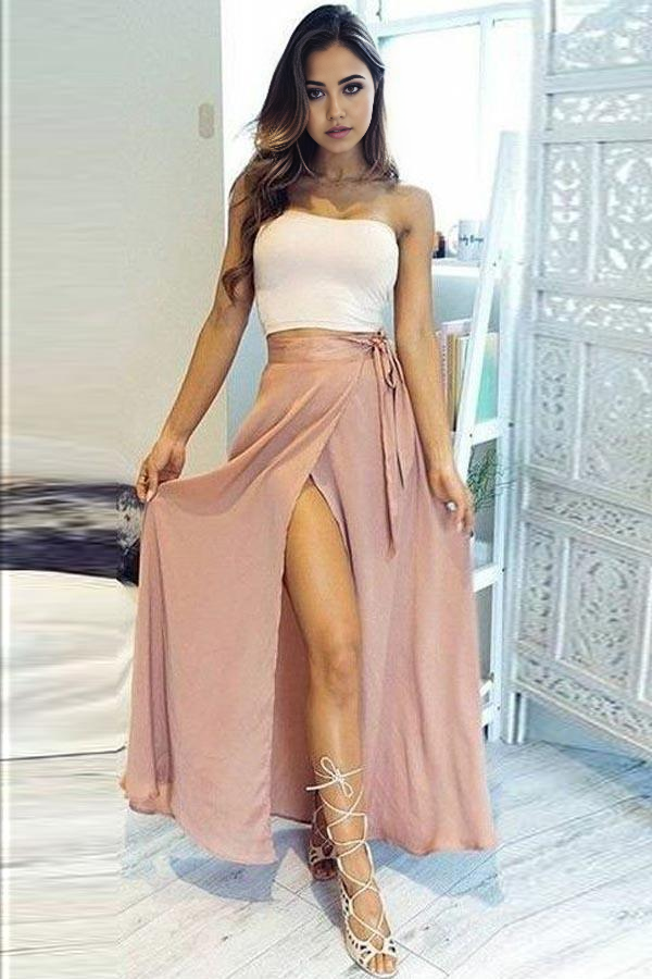 Wholesa Two Piece Strapless Ankle-Length High Split Chiffon formal dresses evening gown Prom Dress