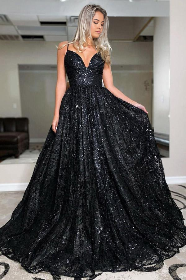 Wholesa A Line V Neck Spaghetti Straps Black Sequins Prom Dresses Evening Dresses