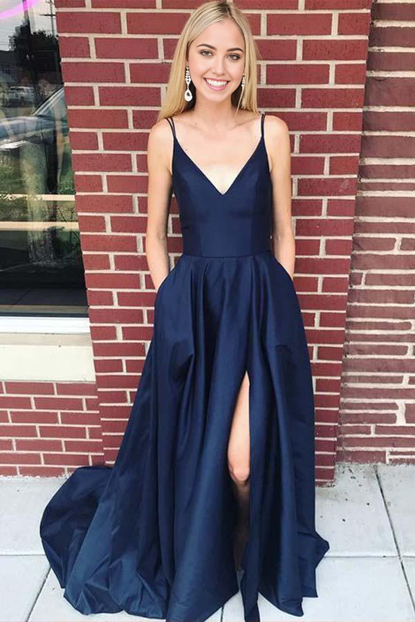 Wholesa Straps Satin Navy Blue Long Prom Dress Evening Dress with Side Split
