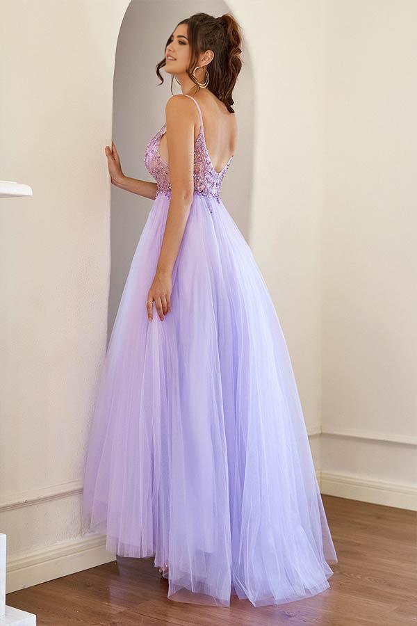 Wholesa A-Line Tulle Split Lilac Long Prom Formal Dress With Beading