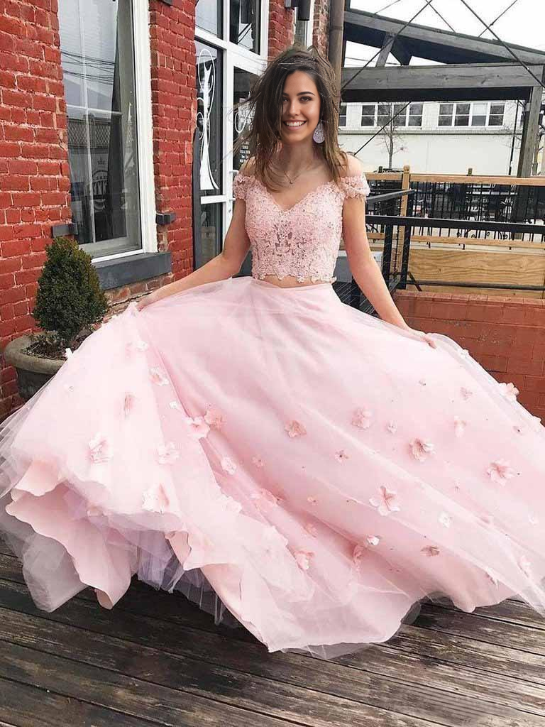 Wholesa Two Piece A-line 3D Flower Prom Dress Lace Prom Gown