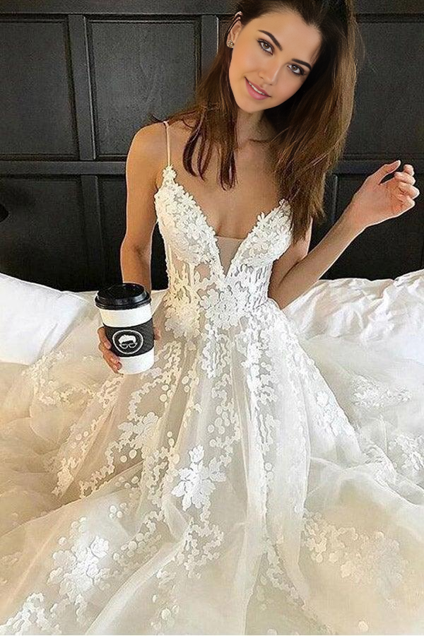 Wholesa Beach Deep V Neck Spaghetti Straps Wedding Dress Bridal Gown