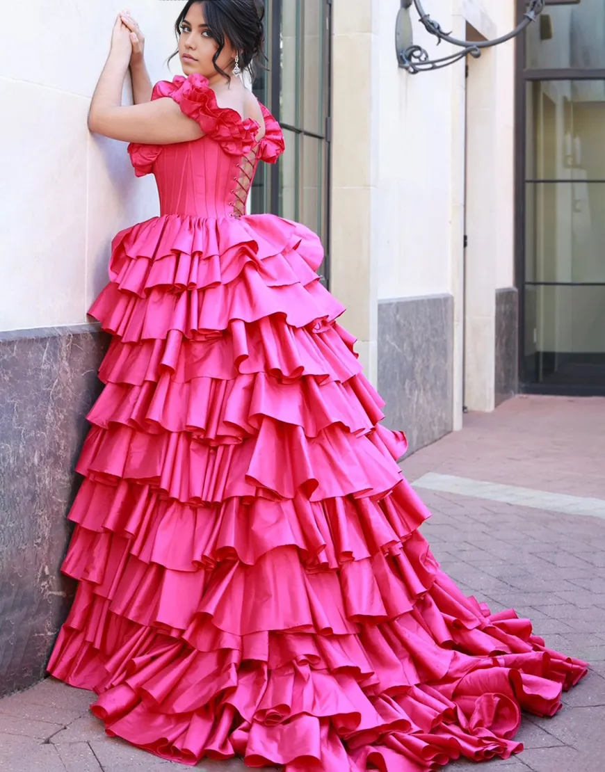 Wholesa A-Line Ruffled Off the Shoulder Corset Tiered Fuchsia formal dresses evening gown Long Prom Dress with Slit