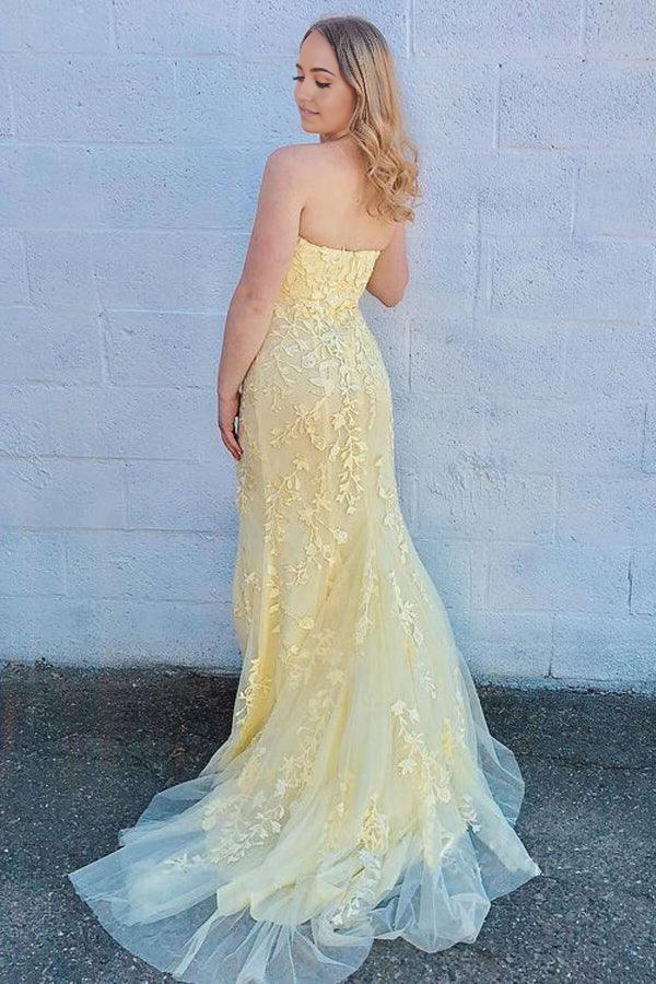 Wholesa Mermaid Strapless Sky Blue Split Prom Dresses Formal Dress With Lace