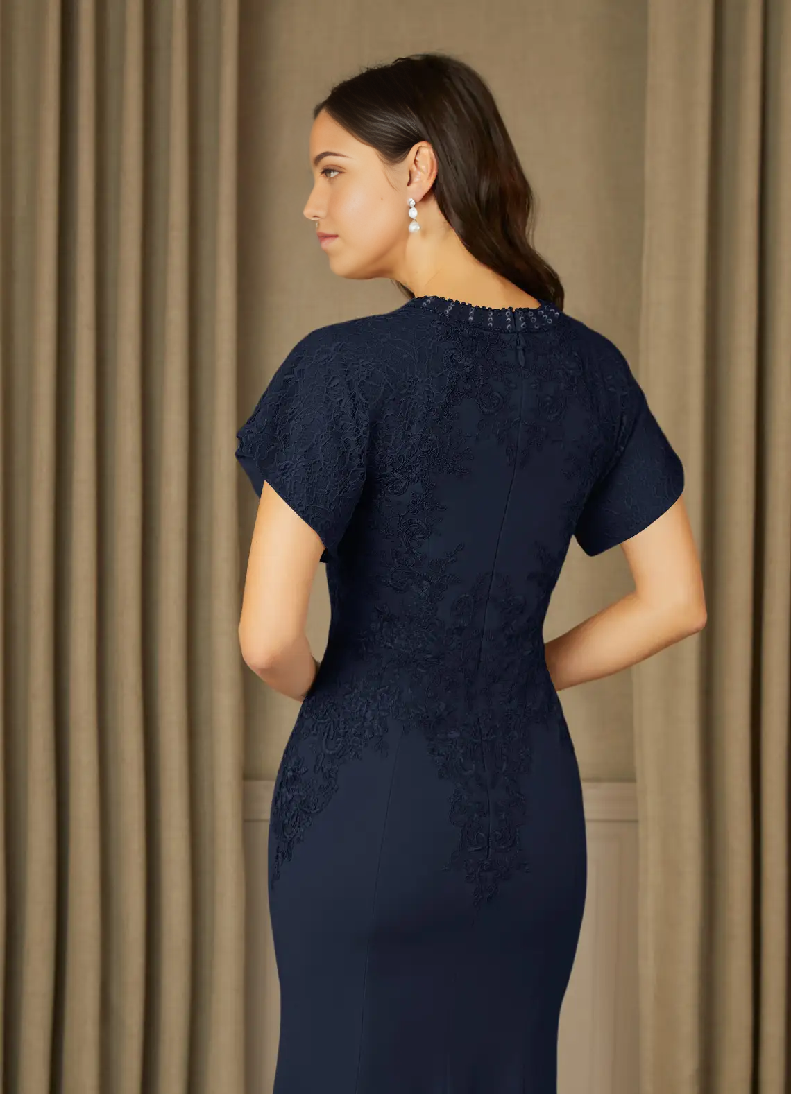 Wholesa Mermaid Crew Neck Lace Dark Navy formal dresses evening dress Mother of the Bride Dresses