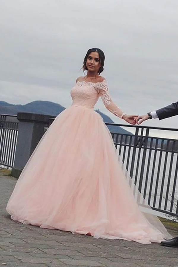 Wholesa A-line Off Shoulder Blush Pink Long Sleeves Wedding Dress