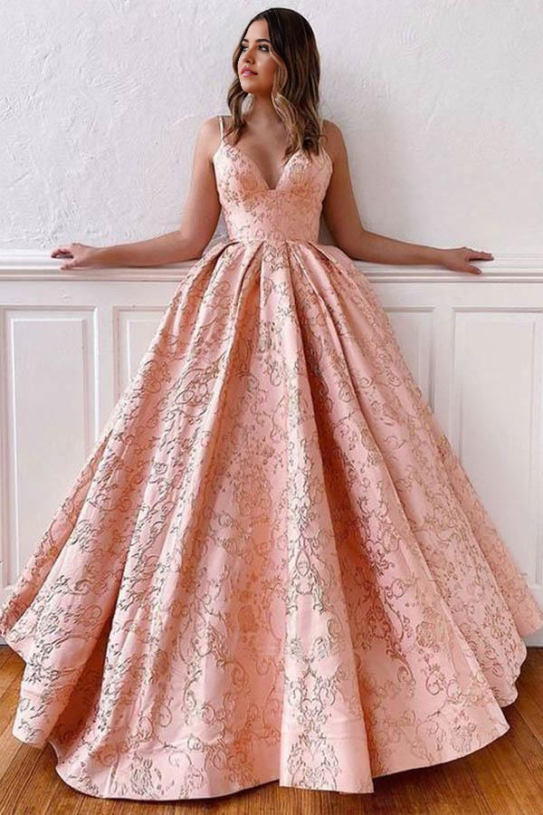 Wholesa A-line V Neck Straps Cross Back Blush Pink Ball Gown Long Prom Dresses