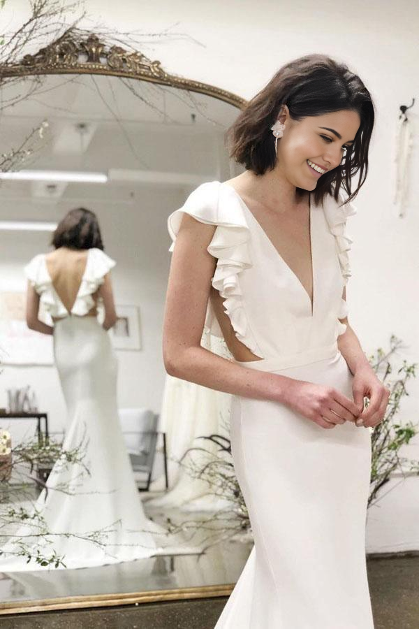 Wholesa Mermaid Cap Sleeves V-Neck Backless Wedding Dress with Ruffles