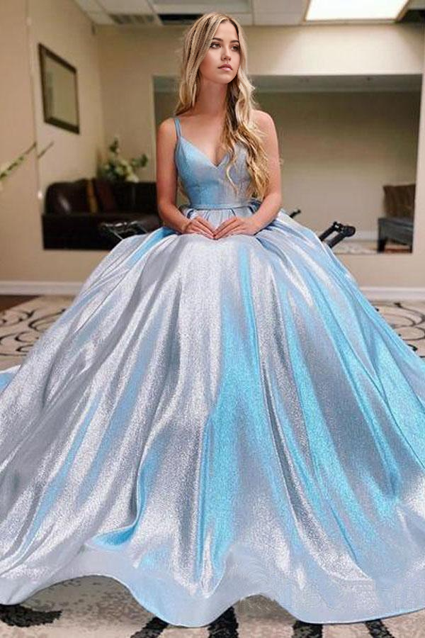 Wholesa Sparkly V Neck Romantic Sky Blue Ball Gown Prom Gown Party Dress