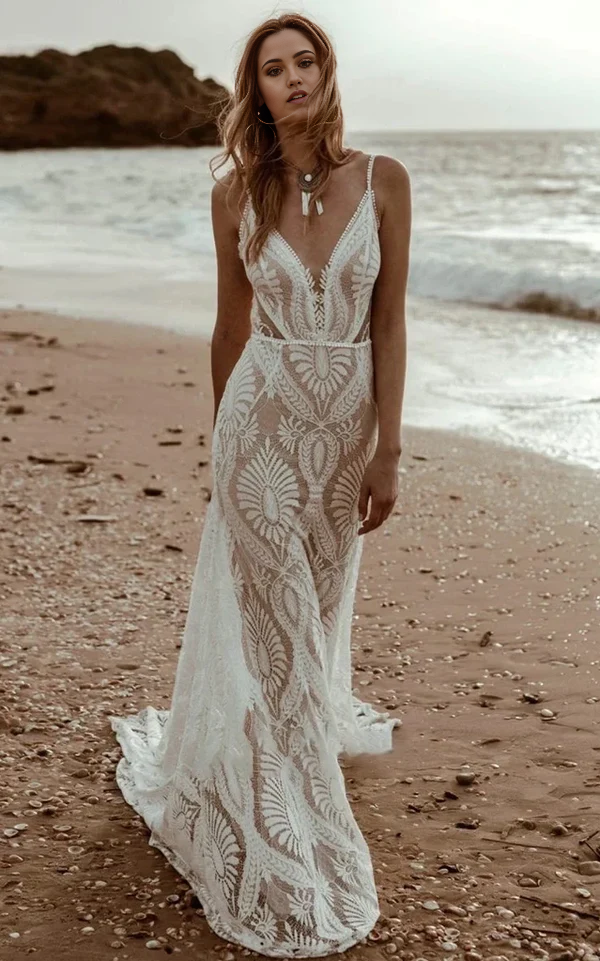 Wholesa Mermaid Plunging Boho Lace Beach Floral Wedding Dress with Sweep Train