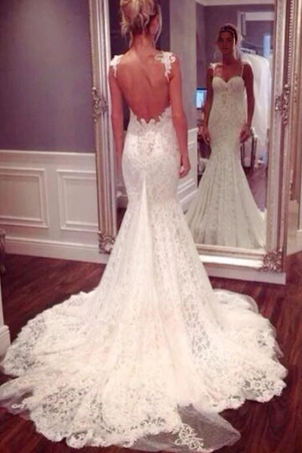 Wholesa Mermaid Sweetheart Strap Backless Lace Ball Gown Wedding Dress