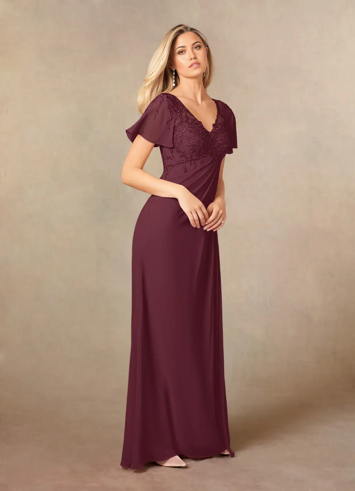Wholesa A-Line V-Neck Lace Appliques Chiffon Cabernet formal dresses evening dress Mother of the Bride Dresses