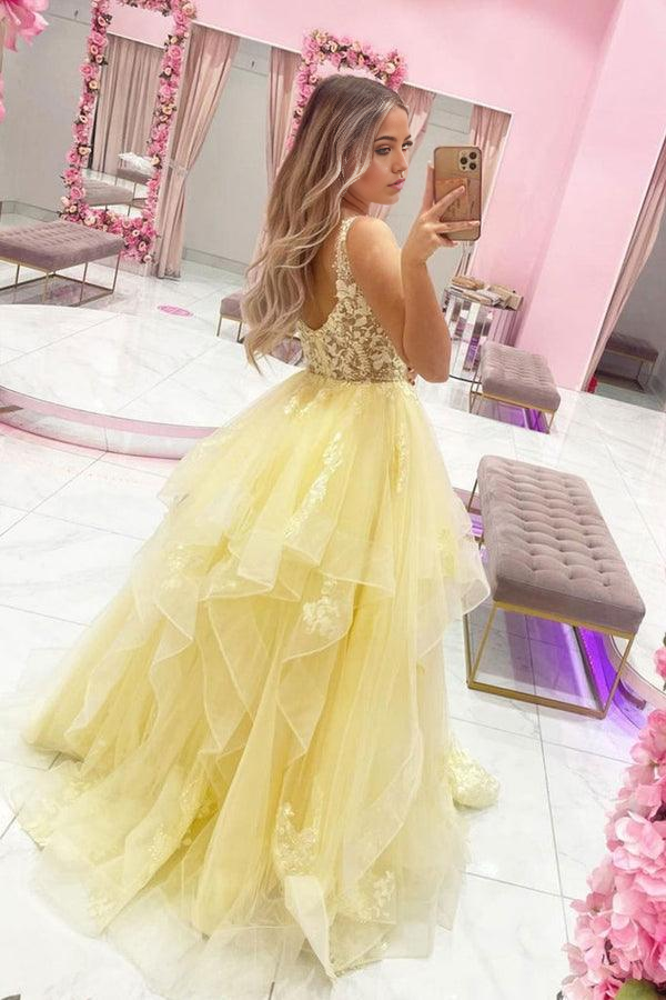 Wholesa A-line V Neck Tulle Lace Yellow Long Prom Dress Evening Dress