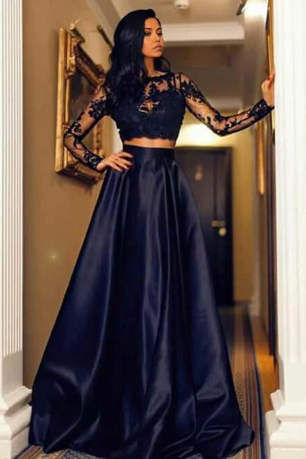 Wholesa Two Piece Bateau Sweep Train Black Prom Dress with Appliques