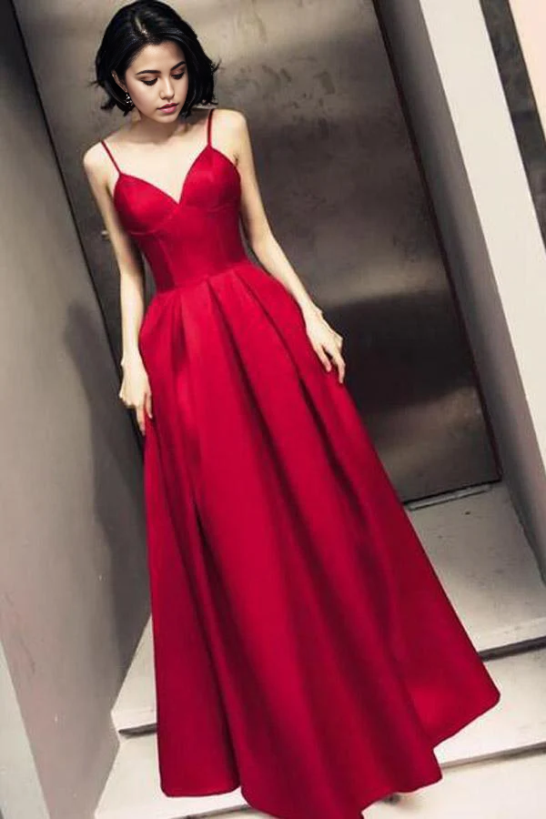 Wholesa Simple Dark Red Straps Beautiful Satin Prom Dress Evening Dress