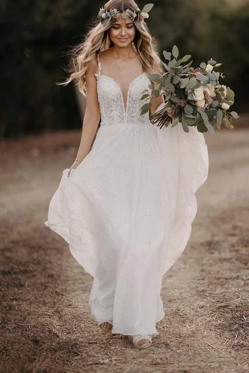 Wholesa A-Line V-Neck Appliques Chiffon Long Wedding Dresses