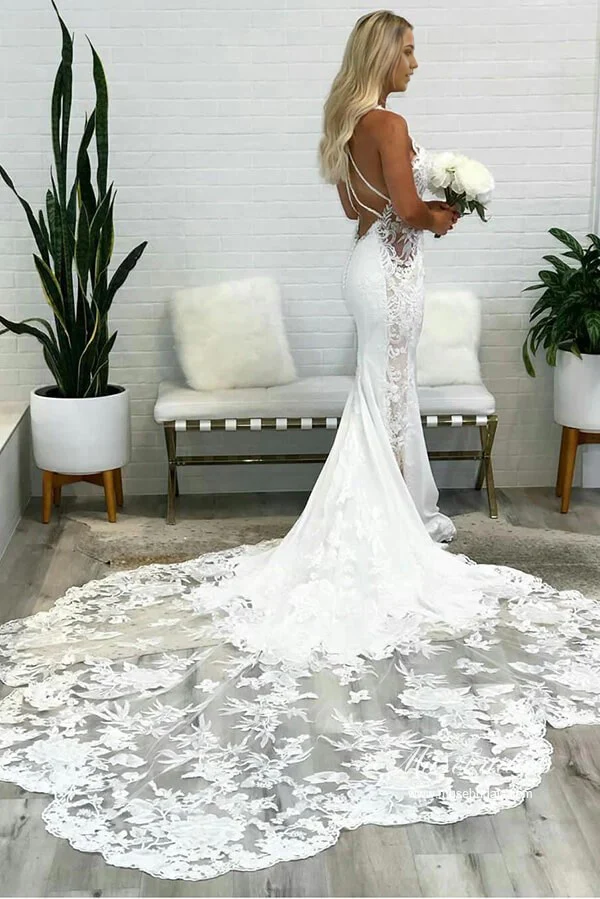 Wholesa Mermaid Gorgeous Deep V Neck Backless Lace Wedding Dresses
