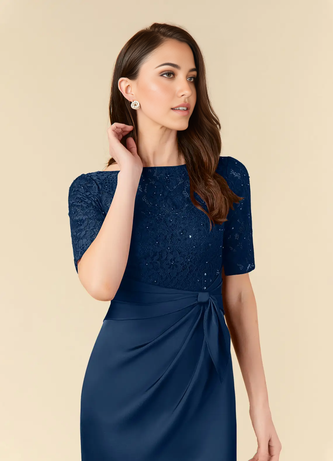 Wholesa Sheath Sequins Lace Tea Length Dark Navy formal dresses evening dress Mother of the Bride Dresses