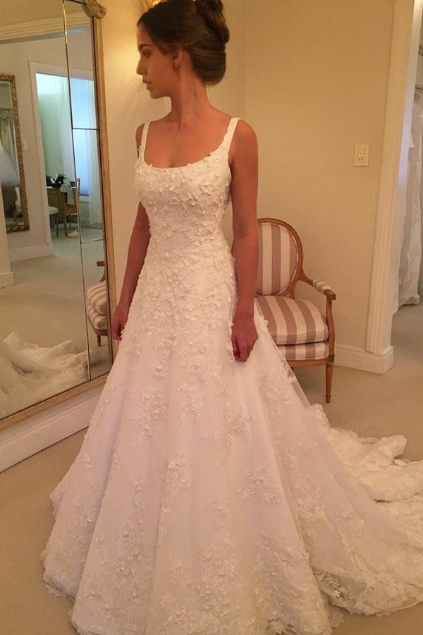 Wholesa A-line Scoop Sweep Sleeveless Train Wedding Dress with Appliques