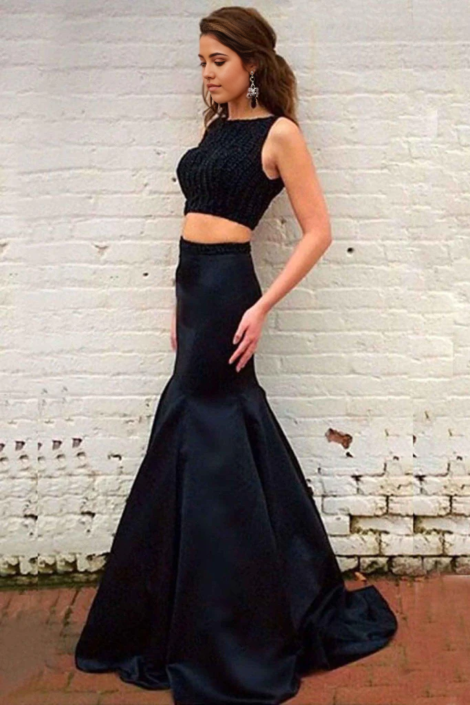 Wholesa Two Piece Mermaid Elegant Black Sweep Train formal dresses Prom Dress with Beading