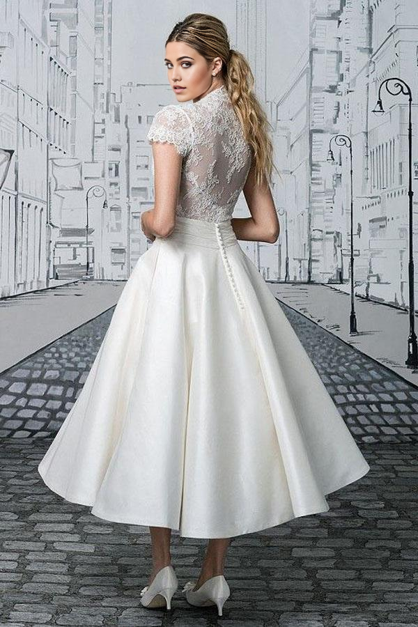 Wholesa A-line Simple V-neck Lace Tea-length Ivory Bridal Gown Short Wedding Dresses