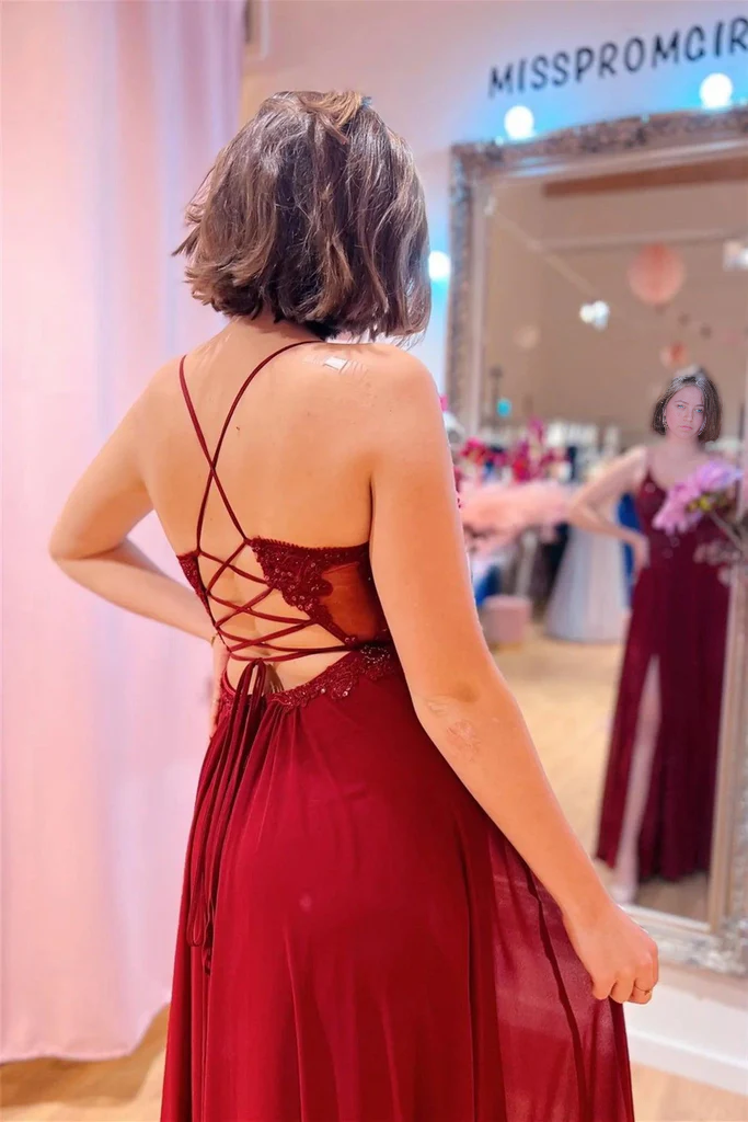 Wholesa A-line V Neck Burgundy Plunging Beaded Appliques Long Prom Dress with Slit