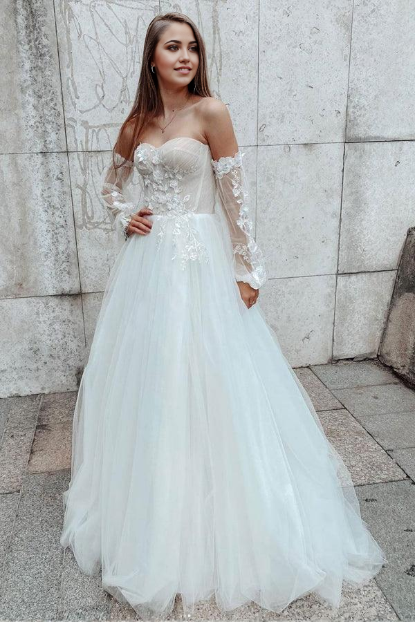 Wholesa A-line Sleeves Sweetheart Lace Detachable Sleeves Lace Wedding Dress